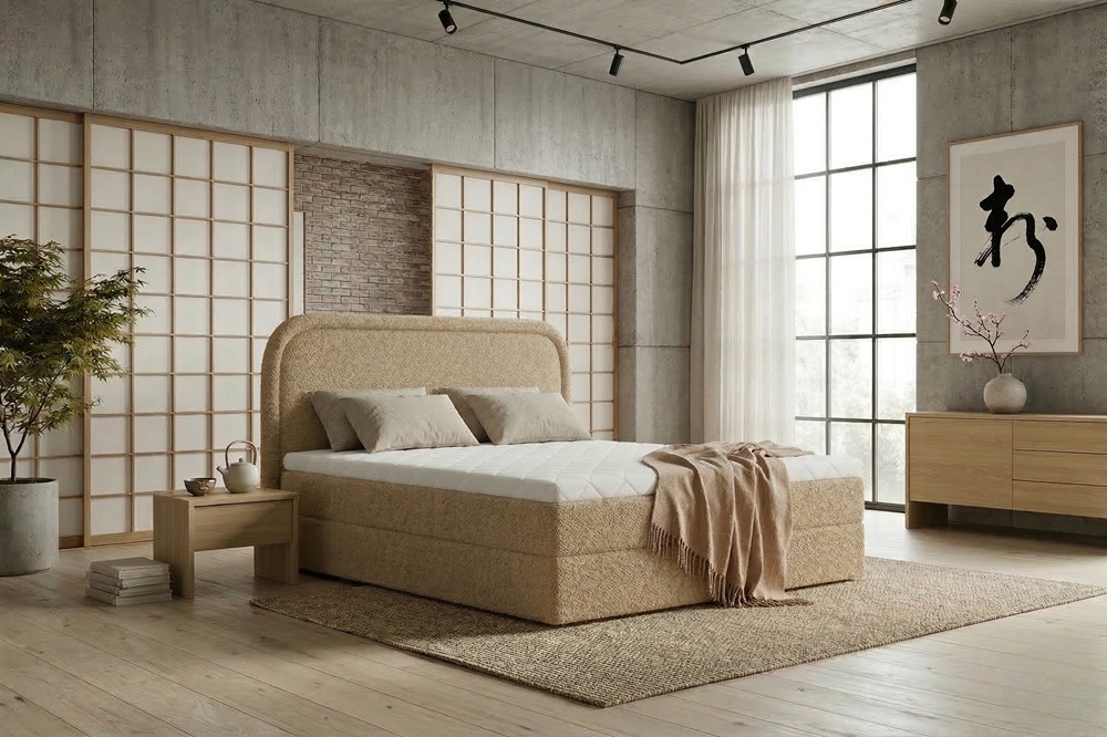 Beżowe łóżko tapicerowane Lobo od BiG Meble w minimalistycznej sypialni inspirowanej stylem japońskim i skandynawskim.